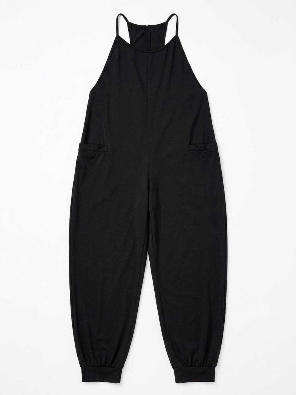 Temu Black Halter-Neck Relaxed Baggy Jumpsuit with 2 Pockets